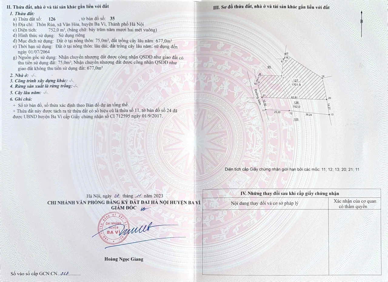 lô đất 752m2 view núi, gần hồ tại Vân Hòa, Ba Vì