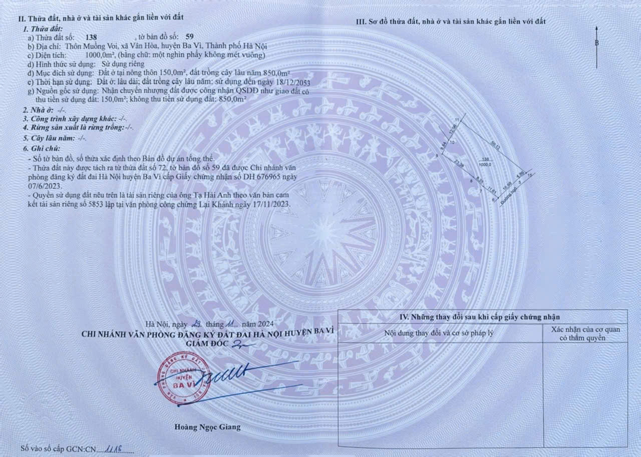 bán 3 lô đất gần Hồ diện tích 1000m2 tại xã Vân Hòa