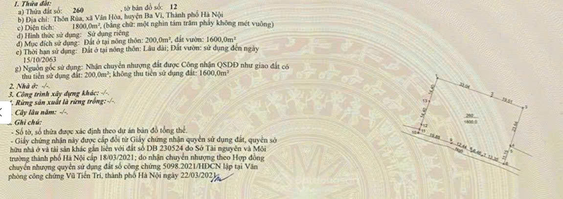 5,4 tỷ sở hữu lô đất rộng 1800m2 tại xã Vân Hòa tức chỉ 3 triệu/m2