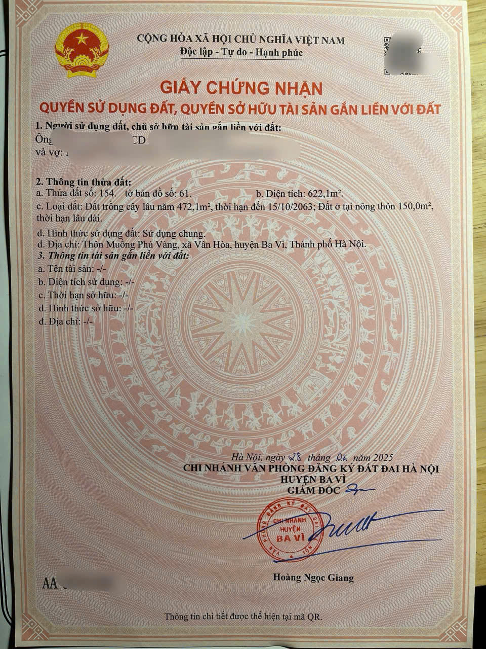 lô 622m2 thôn Muồng Phú Vàng, Vân Hòa, Ba Vì, HN